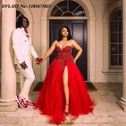 EVLAST Customized Red Aso Ebi Wedding Reception Dress Beaded Corset High Slit Black Girls Formal Party Dress Prom Gown P165