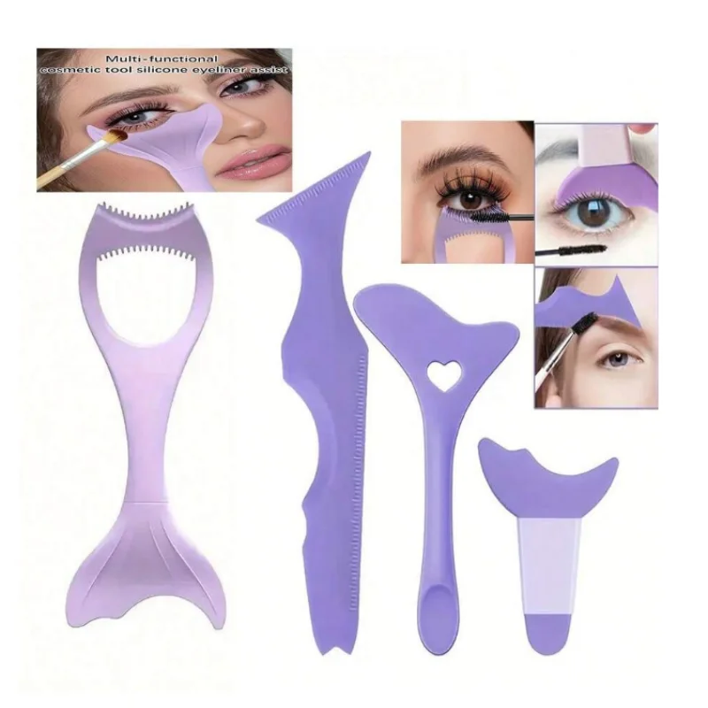 Conjunto de ferramentas de maquiagem de olhos de silicone multifuncional de 4 unidades, fácil de limpar, reutilizável para linhas de olhos perfeitas para iniciantes