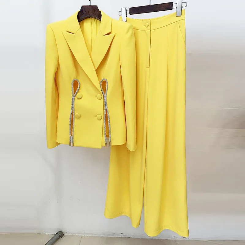 JAMERARY Diamond Chain Two Piece Suit Coats Women Set Yellow Hollow Out Blazers Wide Leg Pants Long Trousers Suits Elastic Waist