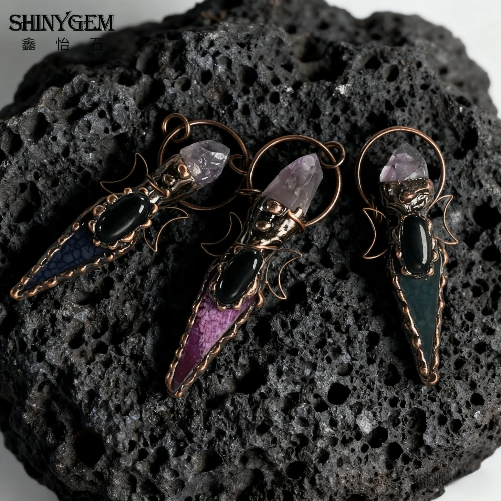 

SHINYGEM Natural Agate Arrow Pendant Necklace Ancient Bronze Coating Amethyst Spiritual Healing Energy Jewelry Multiple Colors
