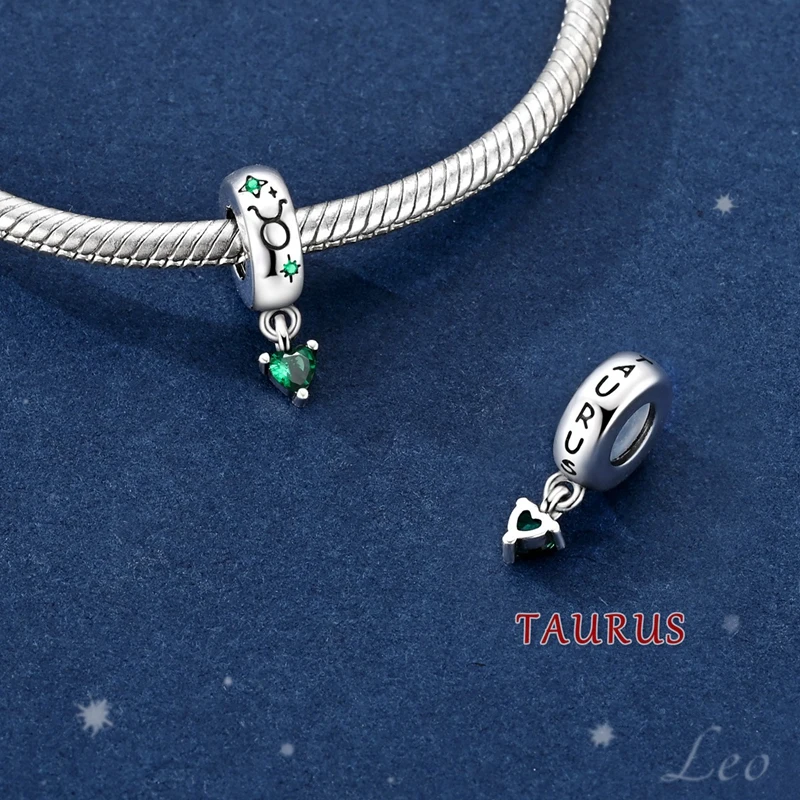 Original 925 Sterling Silver Charms Bead CZ Heart Pendant Zodiac Signs Silicone Clip Fit Original Bracelet For Women DIY Gift