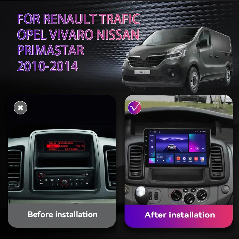 Autoradio Android 12, Navigation Stéréo, Carplay, Lecteur Vidéo, Limitation, Renault, Trafic, Opel, Vivaro, Nissan, Primastar, 2010-2014