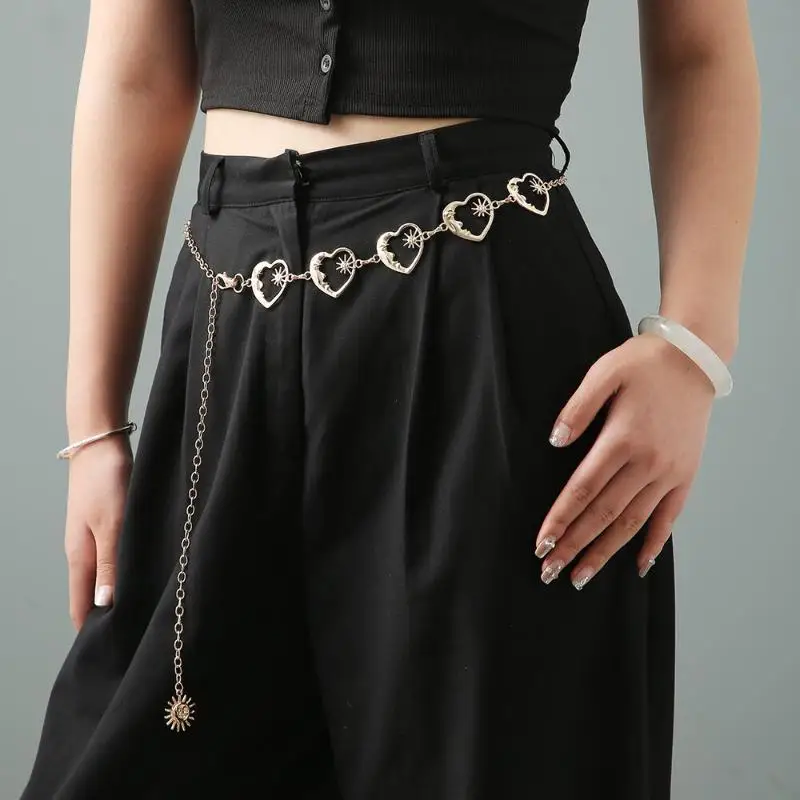 Women Thin Metal Waist Chain Moon Star Heart Pendant Body Chains Fashion Decorative Girdle Strap For Dress Outfit