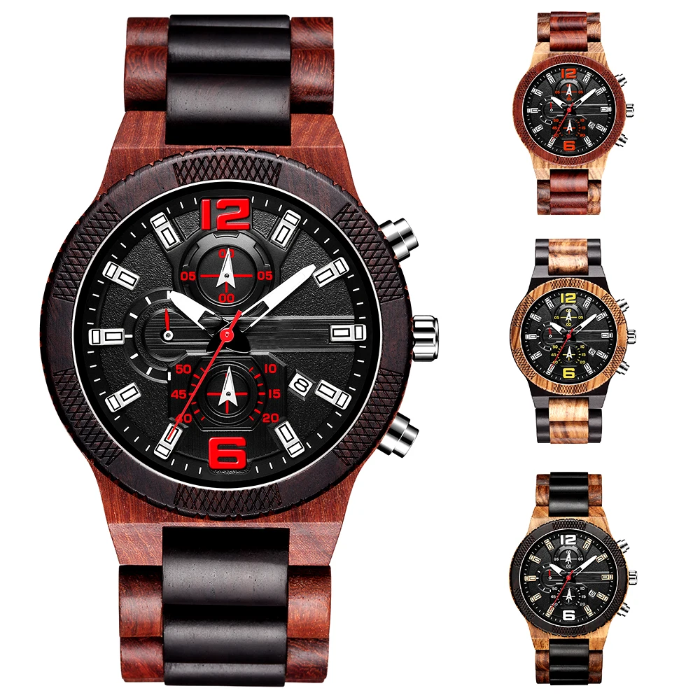 Luxury Wooden Watch Men Multifunction Quartz Calendar Watch Unique Steel Wooden Clock Male Natural Wood Watch Unique Custom Relo