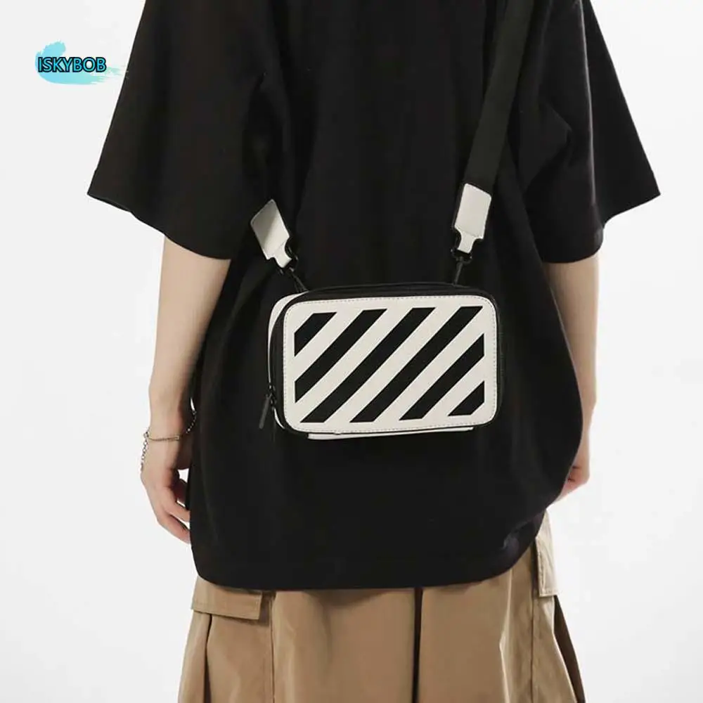 

Stripe Handbag PU Leather Shoulder Bag Korean Style White Black Men Crossbody Bag INS Casual Couple Outdoor Purse Bag Couple