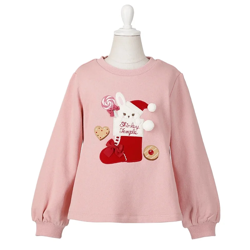 Shirley Temple Girls Autumn and Winter Cartoon Cute Christmas Bunny Candy Embroidery Sweatshirt with Long Sleeves