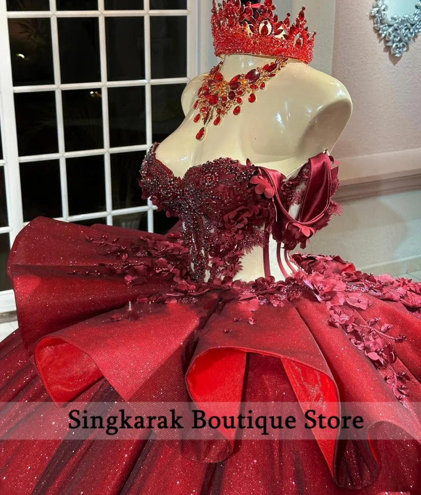 Real Photo Luxury Wine Red Ball Gown Quinceanera Dres Bead Crystals Gems 3D Floral Appliques Vestido De 15 Anos  Customized 