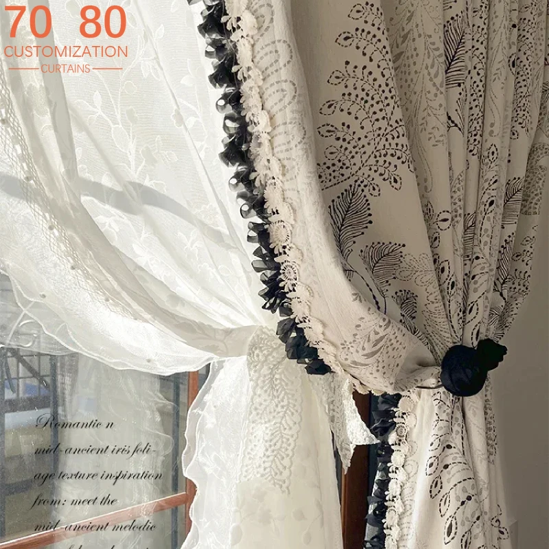 

French Retro Black and White Plant Jacquard Chenille Lace Lace Curtains for Living Room Bedroom Balcony Bay Window Screen