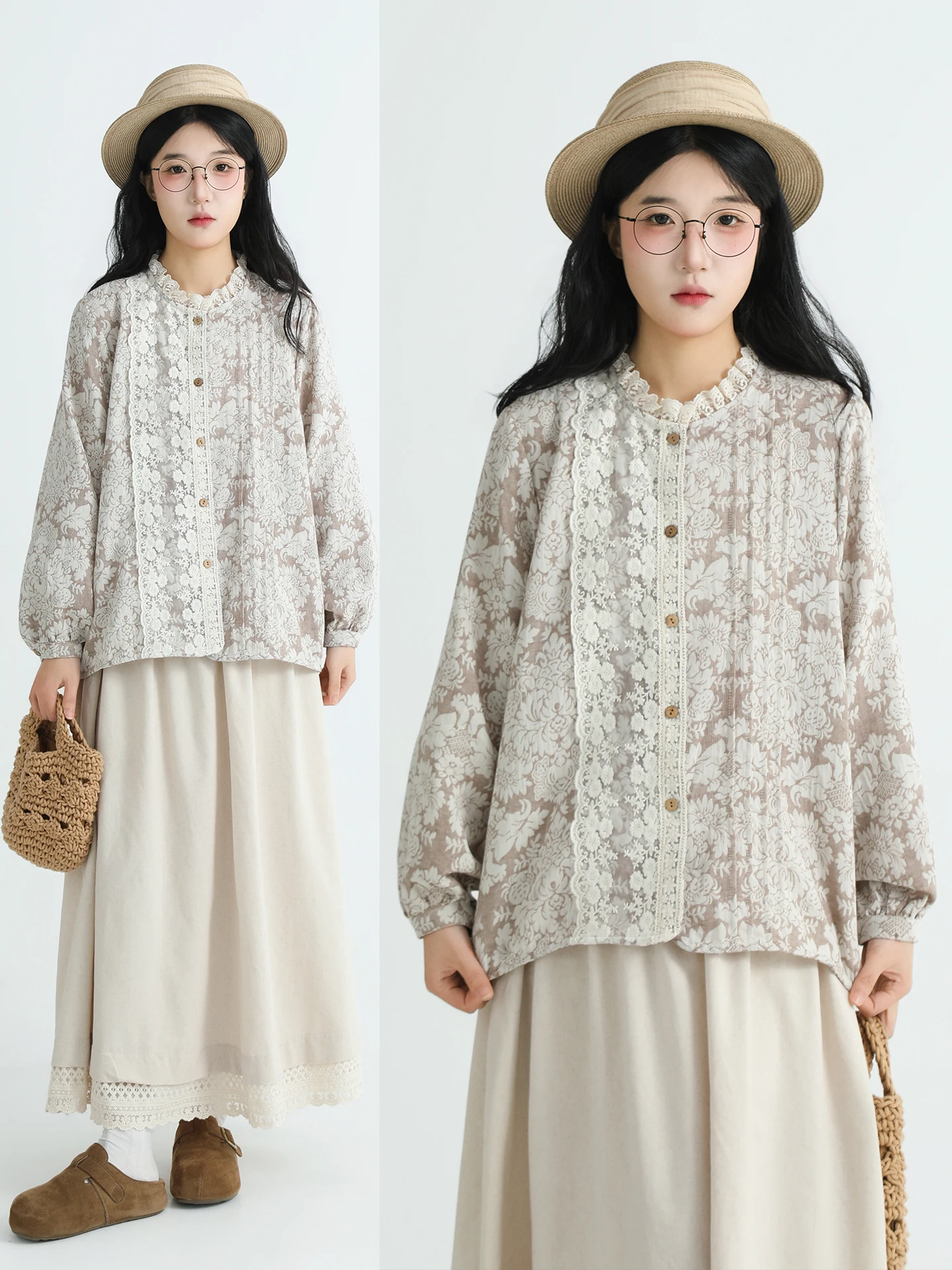 

Vintage Style Long Sleeve Shirt Women's Spring Season Floral Lace Trim Splicing Anti-Aging Top Cotton Material Pleated Design