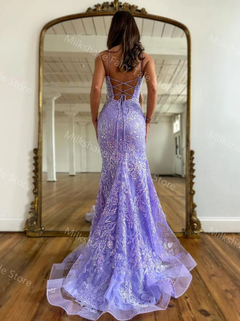 Lavender Mermaid Prom Dresses Lace Appliques Sleeveless Evening Dresses Sexy Sweep Train Women Customized Wedding Guest Gowns