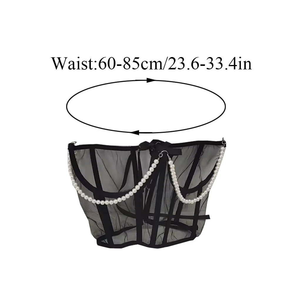 Summer Lace-up Cummerbund Women Wide Corset Belt  Pearl Chain Transparent Mesh Corset Waist High Waist Bustiers Top Boned Corset