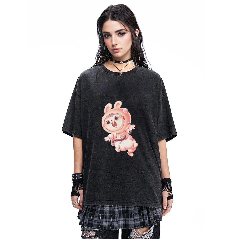

Промытая футболка, графический принт милого кролика-астронавта, причудливый фэнтезийный дизайн, повседневная футболка с короткими рукавами, модная уличная футболка