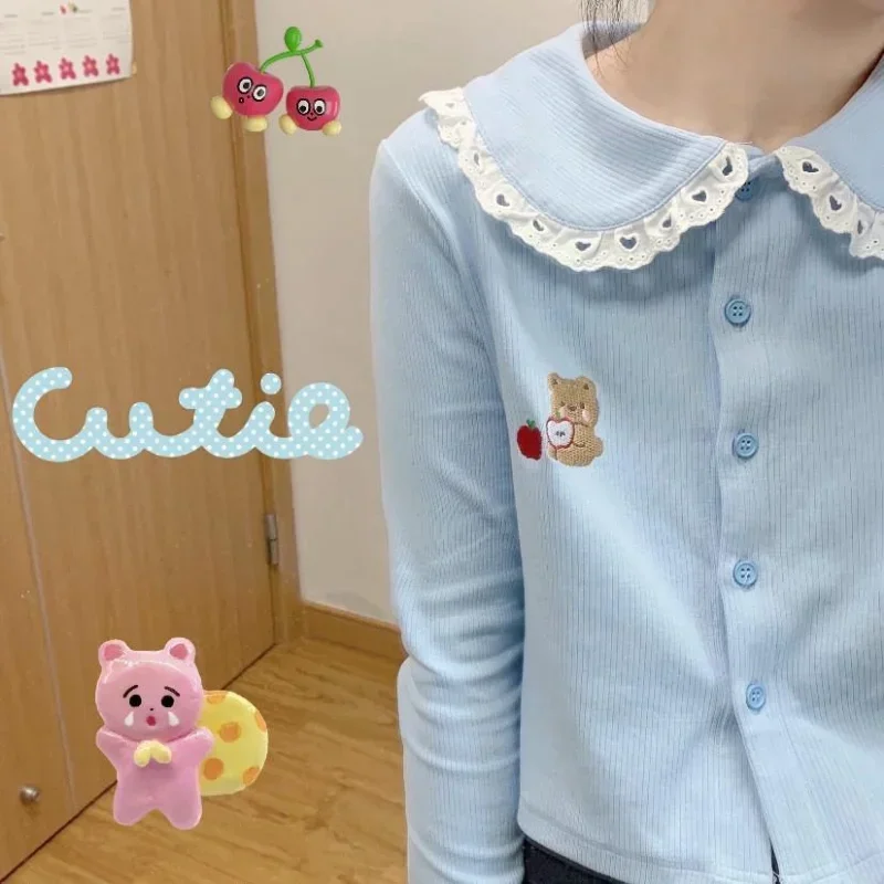 Bear Embroidery Sweet Kawaii Long Sleeve Y2K Slim Cardigan Knitted Short Length Women Sueter Mujer Peter Pan Collar Japan Style