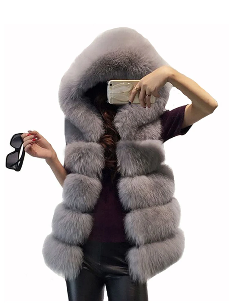 ZADORIN S-4XL Women Hooded Fur Coat Autumn Winter Thick Warm Faux Silver Fox Fur Vest Women High-Grade Cappa Fashion Cardigan