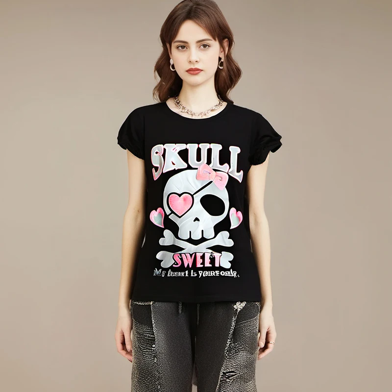 Sweet Skull Letter Print T Shirts Balck Short-sleeved Casaul Cool Gothic Grunge Punk Tops Summer Women New Basic 2024 Tees