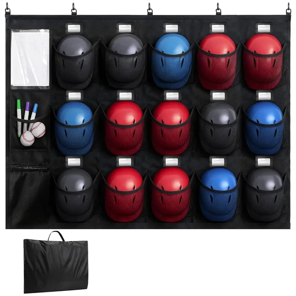 

15 Player Baseball/Softball Dugout Organizer - Hanging Baseball Helmet Bag,Including Helmets, Batting Gloves, Balls with Name