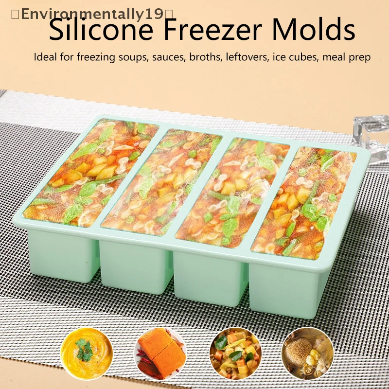 AngiStorage-Plateaux de congélation en silicone avec couvercle, moules de congélation, extra large, soupe, glace, 4 cubes