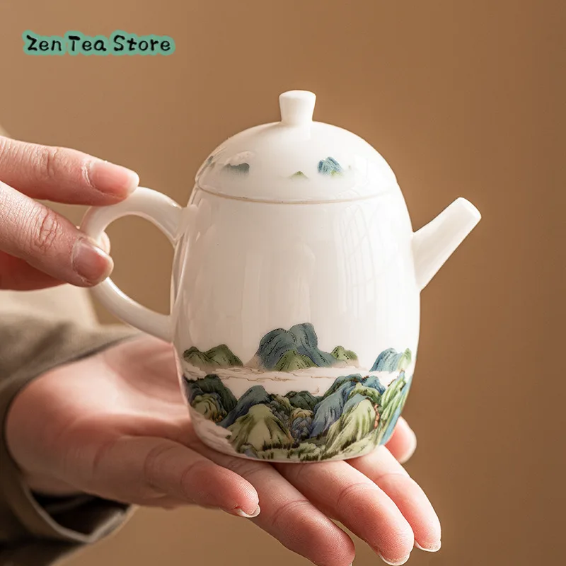 Shanshui Poetry Line Mutton Fat Jade Teapot Tea Filter Single Pot Chinese Kung Fu Tea Set High-grade Tea Infuser With Handle