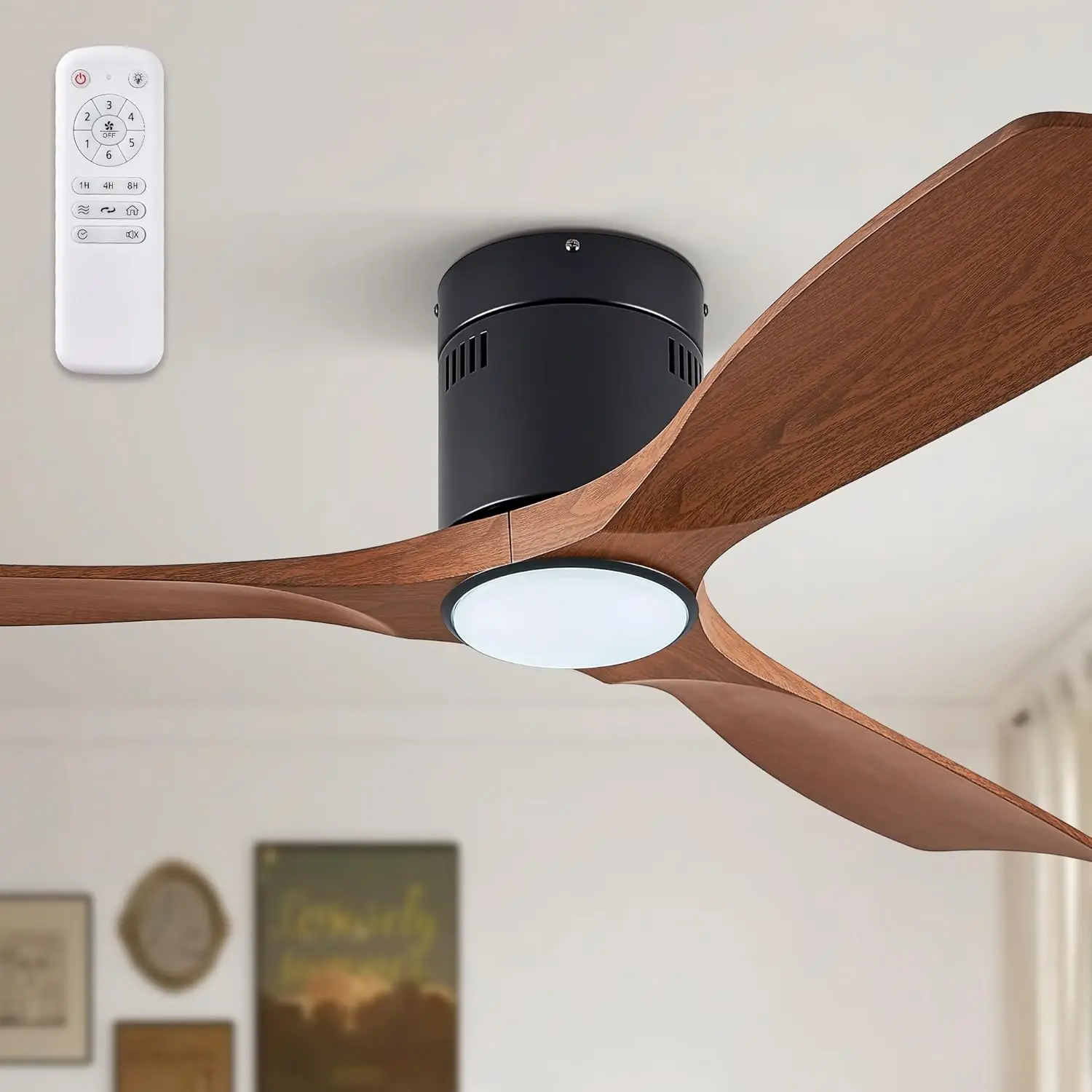 

52" Ceiling Fan with Lights and Remote, 6-Speed DC Motor, 3 Color Temperatures, Timer, Low Profile for Bedroom Living Room Patio