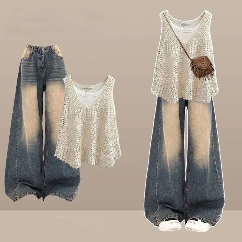 

Women's Summer Hollow Out Shawl Vest Wide Leg Denim Pants Three Piece Set Lady Fashion Tank Tops Jeans Outfit 2025 Trousers Suit