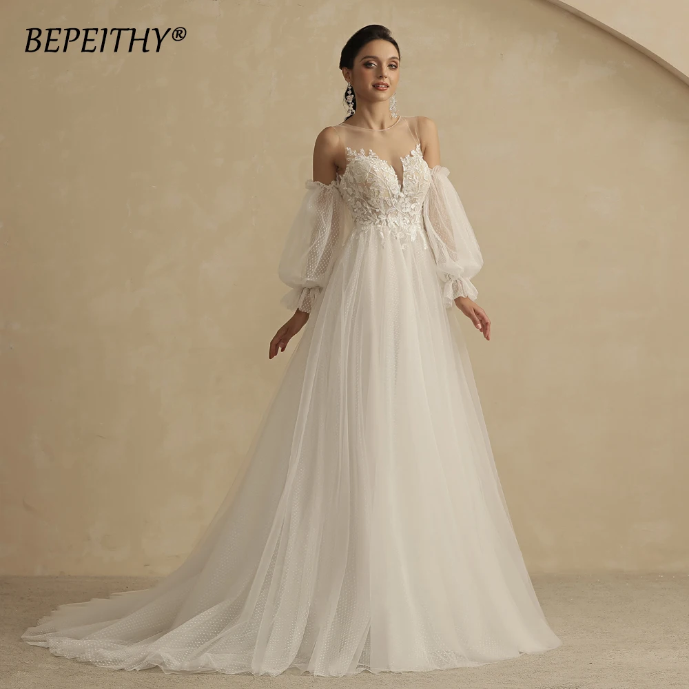 BEPEITHY Customized A Line Wedding Dresses For Women With Detachable Sleeves Lace Sexy Open Back Boho Ivory White Bridal Gowns