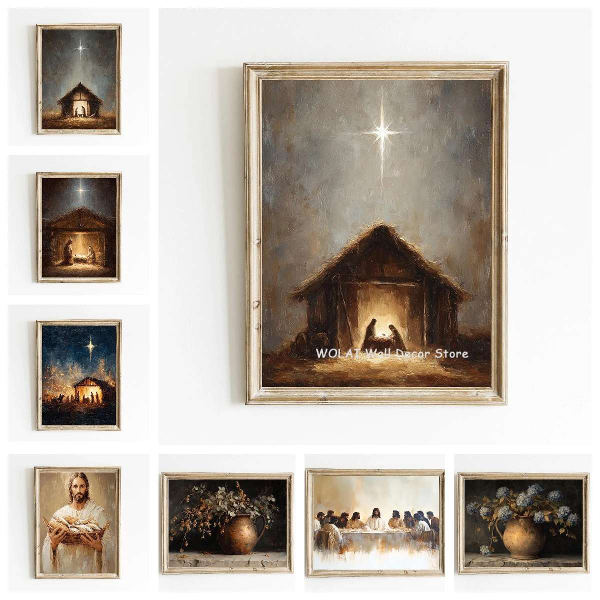 Christmas Manger Nativity & Last Supper Canvas Printing Moody Autumn Still Life Wall Art Poster for Modern Bedroom Home Decor