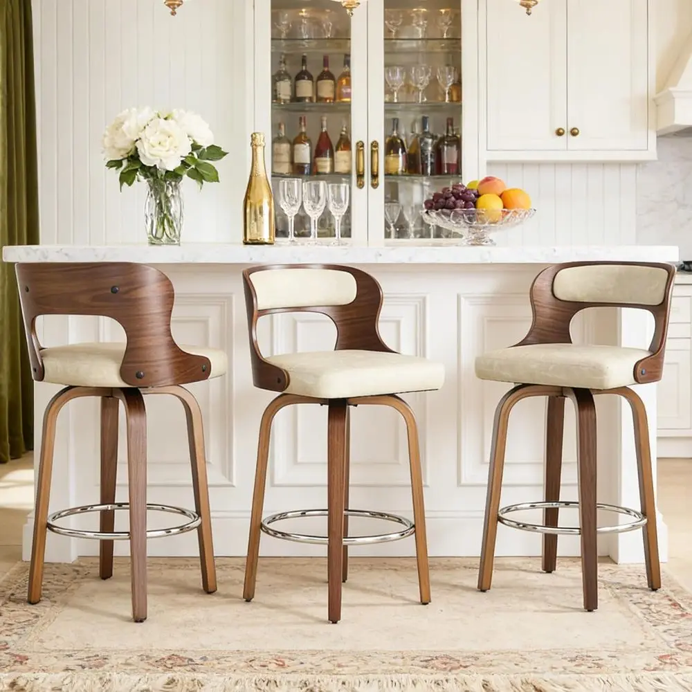 

3-Piece 26 Counter Height PU Leather Bar Stools with Back and Footrest for Kitchen, Bar, Restaurant Use (Beige Gray)