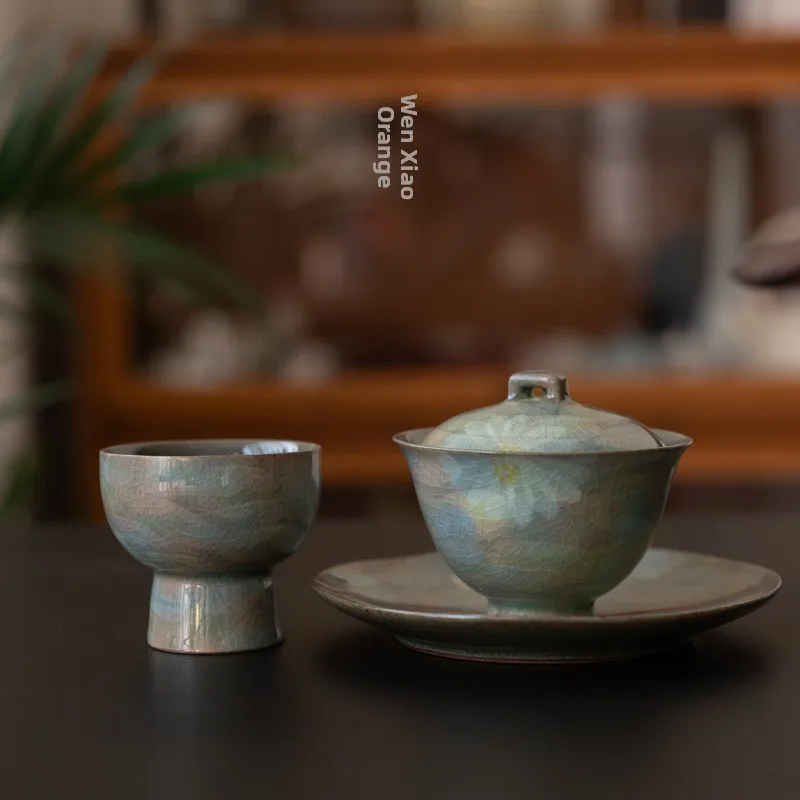 

Hand-Painted Wild Chrysanthemum Ice Crack Glaze Cover Bowl Tea Cup Single Person Drinking Ladies Style Chinese Ceramic Tea Set