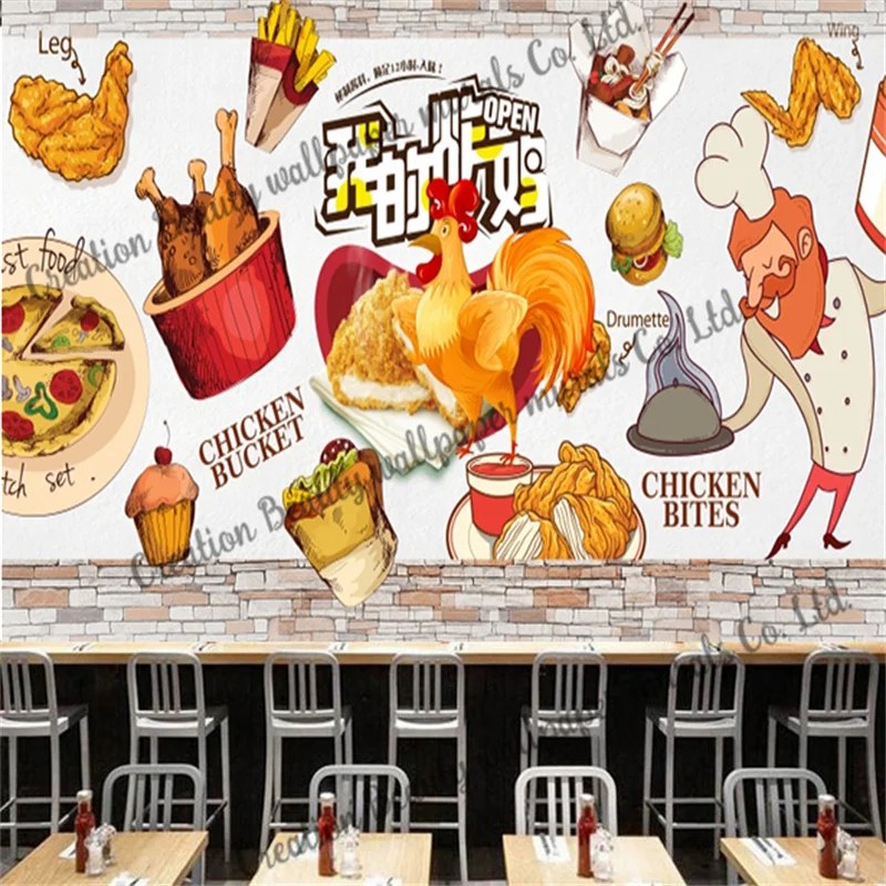 

Custom Wallpaper Fried Chicken Burger Pizza Mural Restaurant Snack Bar KTV Background Wall Paper Papel De Parede Contact Paper