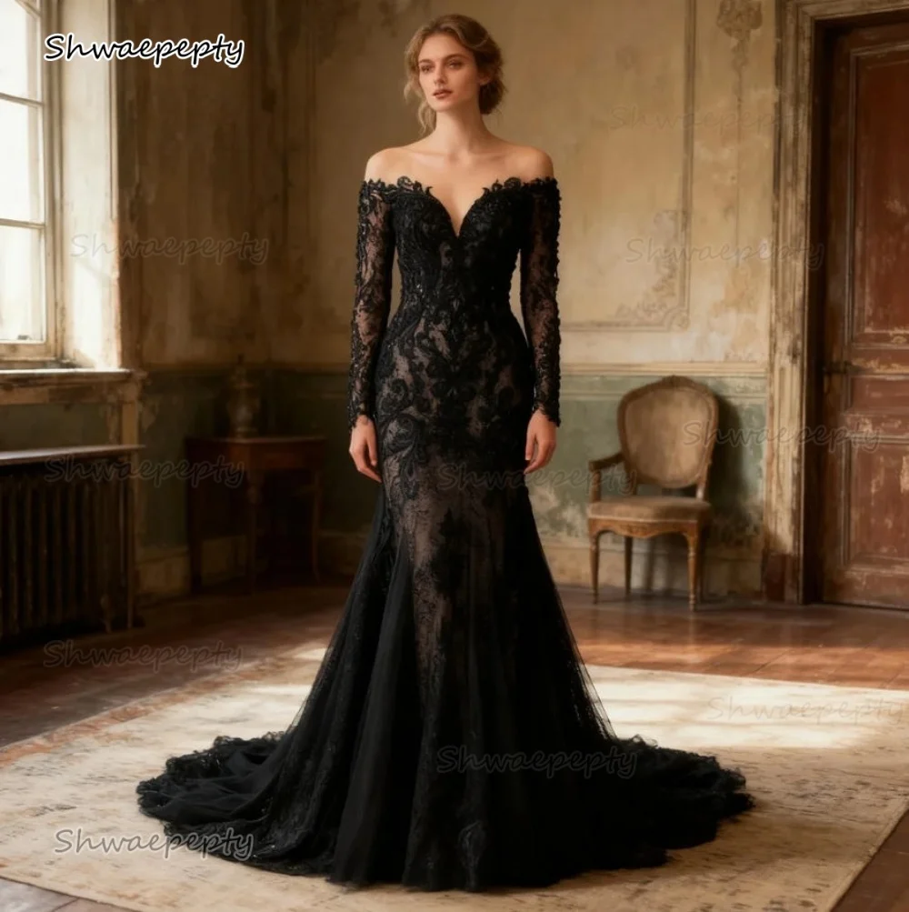 

Gothic Black Lace Mermaid Wedding Dress Off-Shoulder Long Sleeves Appliques Vintage Bridal Gowns Customized Lace-Up Vestidos