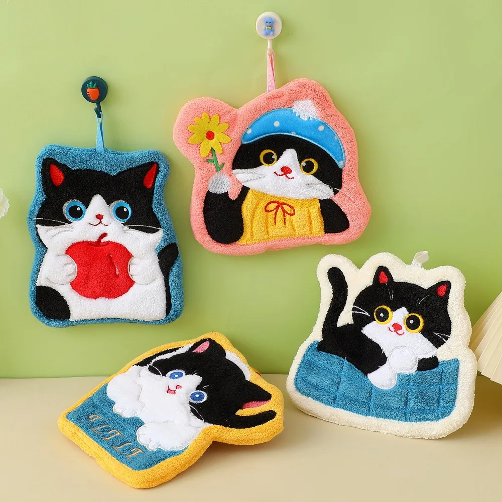 New Cute Cat Hand Towel Soft Coral Fleece Bathroom Kerchief Hanging Style Strong Water Absorption Kitchen Toilet Handkerchief