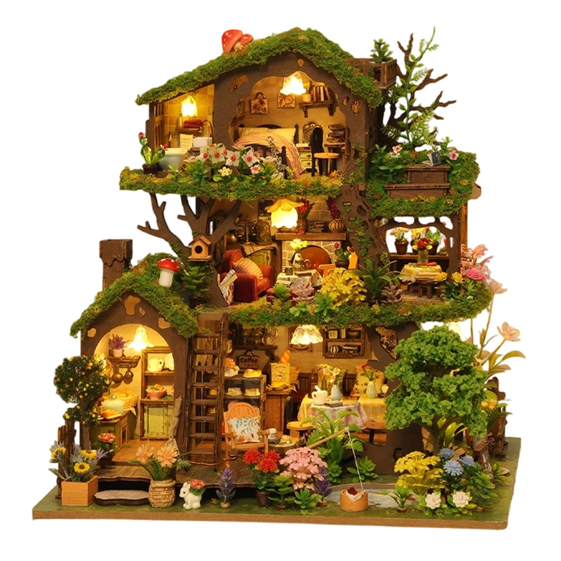 

DIY Wooden Miniature Model Kits Time Tree House Forest Casa 3D Puzzle Dollhouse With Furniture Lights for Friends Birthday Gifts
