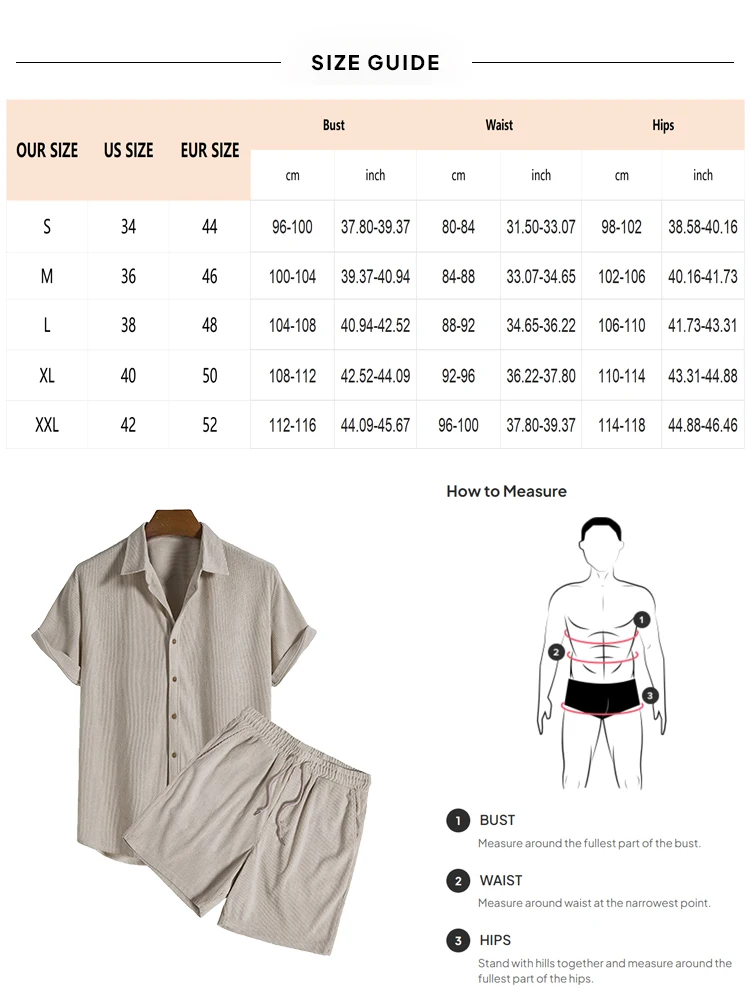 남성용 캐주얼 기본 단색 코듀로이 반팔 단추 업 셔츠 및 드로스트링 반바지, 포켓 세트 포함, 2 피스 의상, 신제품