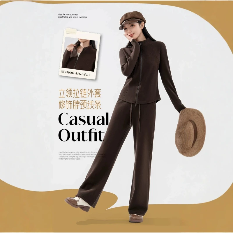 Autumn Winter Women's Tracksuits Warm Lined Full-zip Stand Collar Thicken Jackets with High Waist Sweat Pants 2pcs Set Outfits