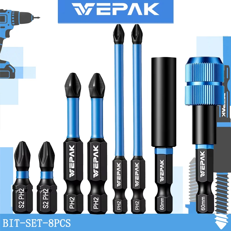 VEPAK BIT-SET-8PCS PH2 Bit Set — Compatible With Drills And Impact Drivers Includes 25/50/90MM Bits, Plus Two Bit Holders/Extens