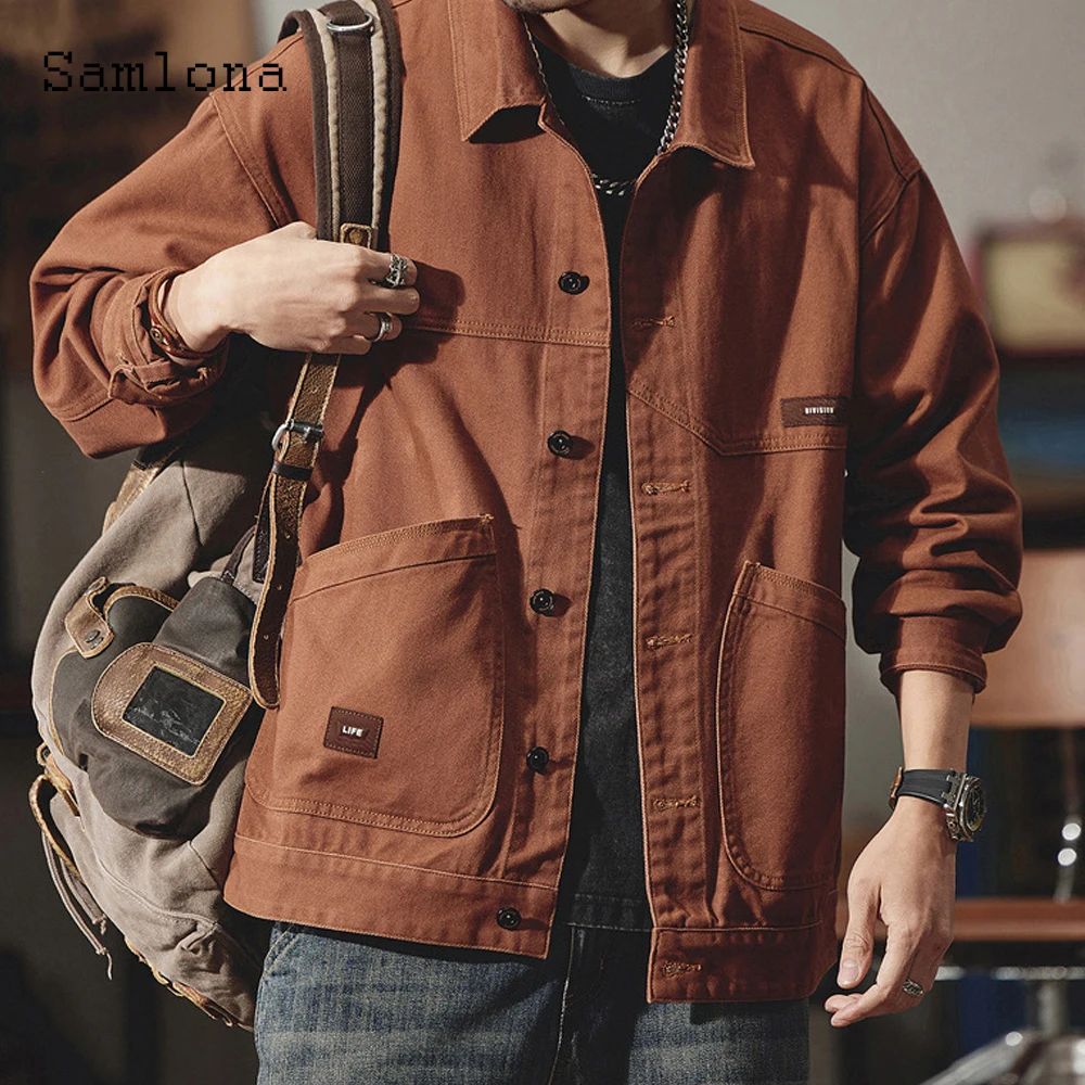 2025 Men's Stand Pocket Casual Vintage Demin Shirt Jackets Dark Brown Notched Basic Top Outerwear Demin Clothing Plus Size S-7XL