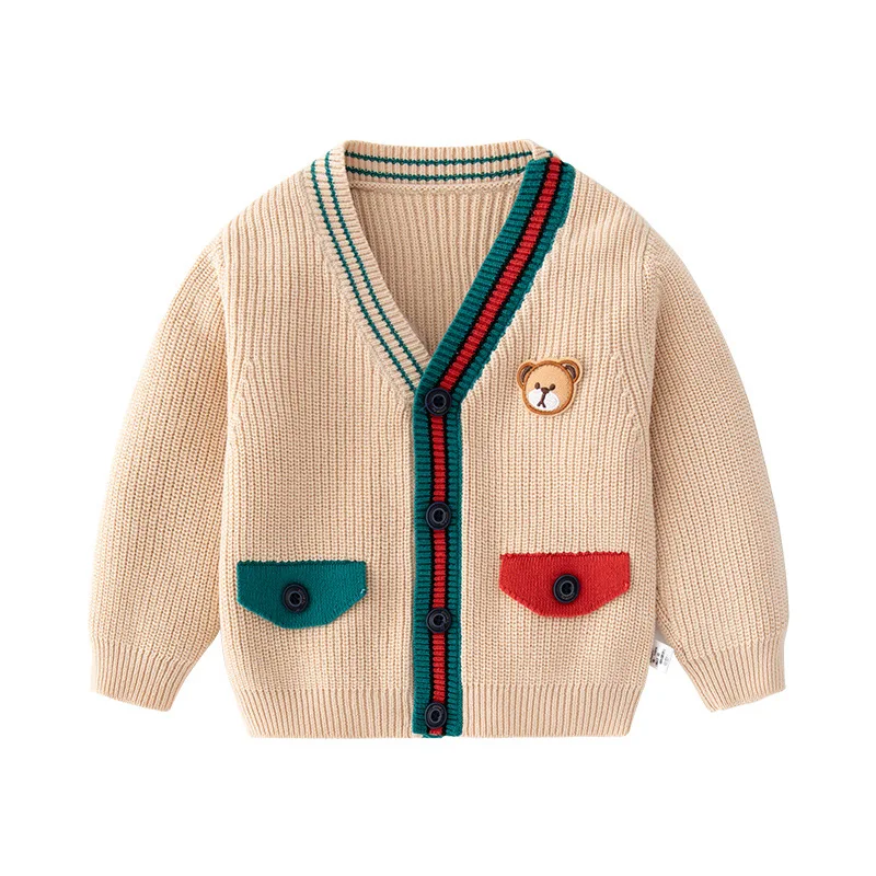 Ins Spring Autumn Children Boys Fit Knitted Pit Striped Baby Boys Sweater Patched Bear Cotton Buttons V-neck Toddler Boy Coat