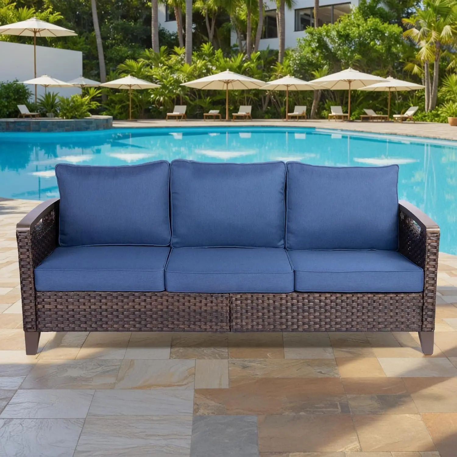 Patio Wicker Sofa, Furniture Steel Frame with Metal Armrests and Deep Seat, Outdoor Sectional Couch with High Back