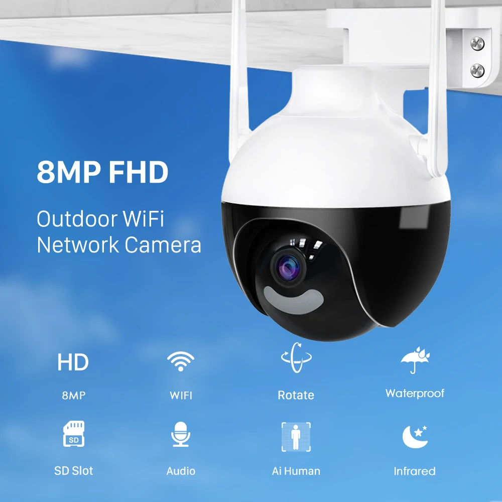 Segurança Externa Câmera CCTV, 8MP, PTZ, WiFi, IP, 4K, AI Human Detection, Visão Noturna Colorida, Câmeras de Vigilância por Vídeo Áudio, Segurança Superior