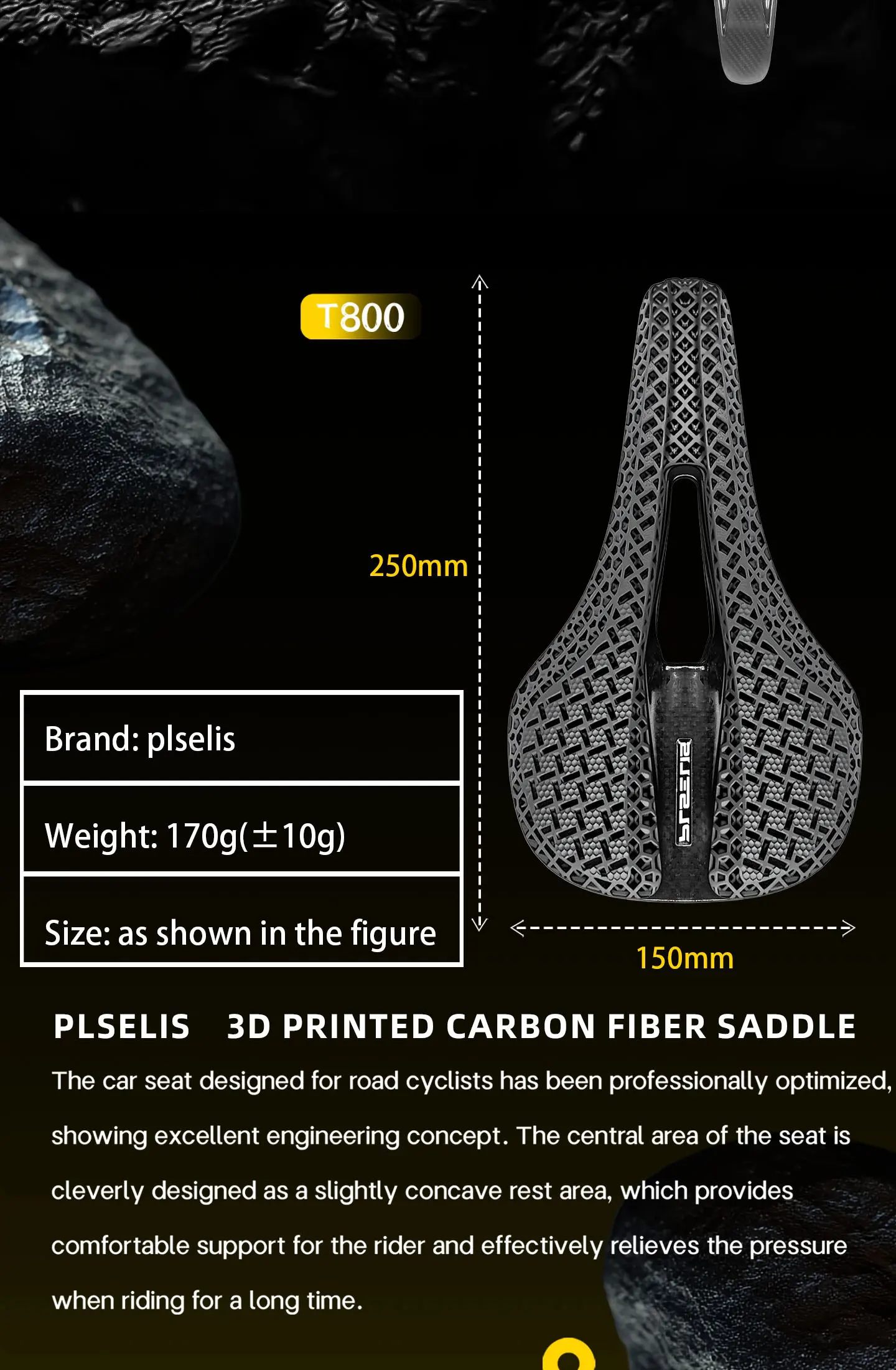 Plselis Vollcarbon-Sitzkissen, 3D-gedrucktes Sitzkissen, Rennrad-Sitzkissen, Fahrrad-Sitzkissen, Ergonomie – Detail 2