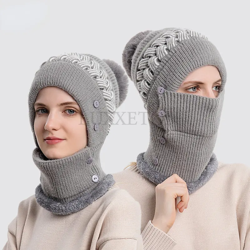 Winter Warm Knitted Beanies Thick Fleece Hats Pullovers Masked Hats for Women Windproof Caps with Scarf Outdoor Cycling