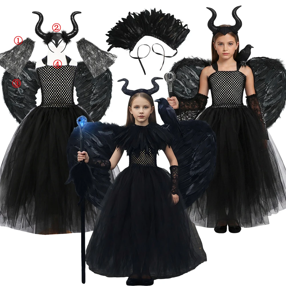 Girls Evil Queen Halloween Costume Black Tulle Tutu Dress Horn Headband Feather Wings Set Kids Witch Carnival Cosplay Outfit