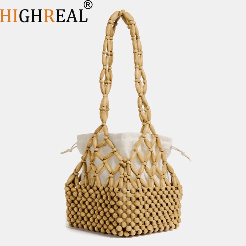

HIGHREAL Boho Hand-woven Beaded Bucket Bag Hollow Out Top Handle Handbag With Lining Beach Vacation Versatile Tote For Women