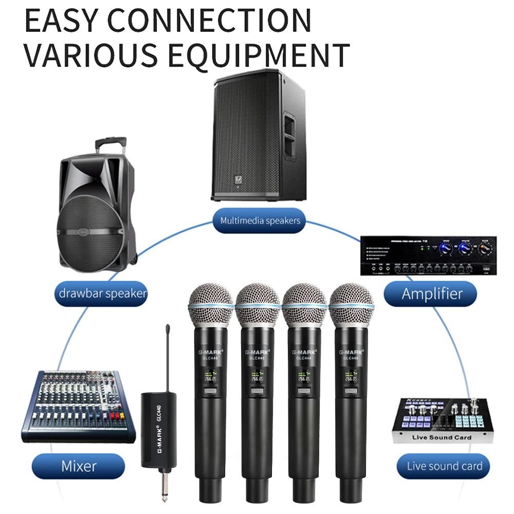 G-MARK GLC440 ไมโครโฟนไร้สาย 4 ช่องระบบมืออาชีพคาราโอเกะไมโครโฟนความถี่คงที่สําหรับปาร์ตี้ลําโพงแสดง
