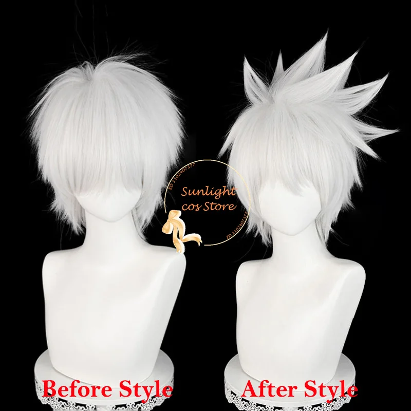 Anime Hatake Kakashi Cosplay Wig Sliver White 30cm Short Fluffy Wigs Heat Resistant Synthetic Hair Halloween Wigs + Wig Cap