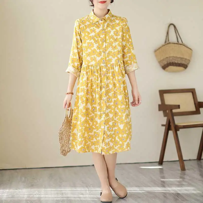 Women's Floral Dr irt Collar mid Length Casual Cotton A-Line Skirt Nine Sve Sli Comfortable Fit for Various Ocns