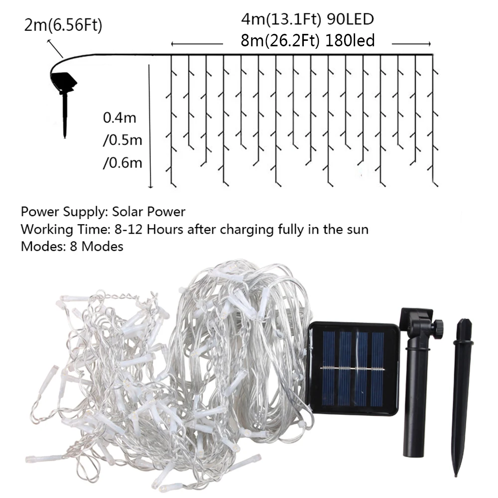Guirlande solaire d'extérieur, rideau de glaçons LED, guirlande lumineuse féerique pour jardin, fête, Patio, cour, terrasse, décoration