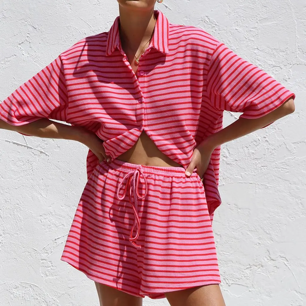 

Combhasaki Womens Summer Loose Outfits Set Striped Print Lapel Neck Button-down Shirt Tops+Drawstring High Waist Wide Leg Shorts