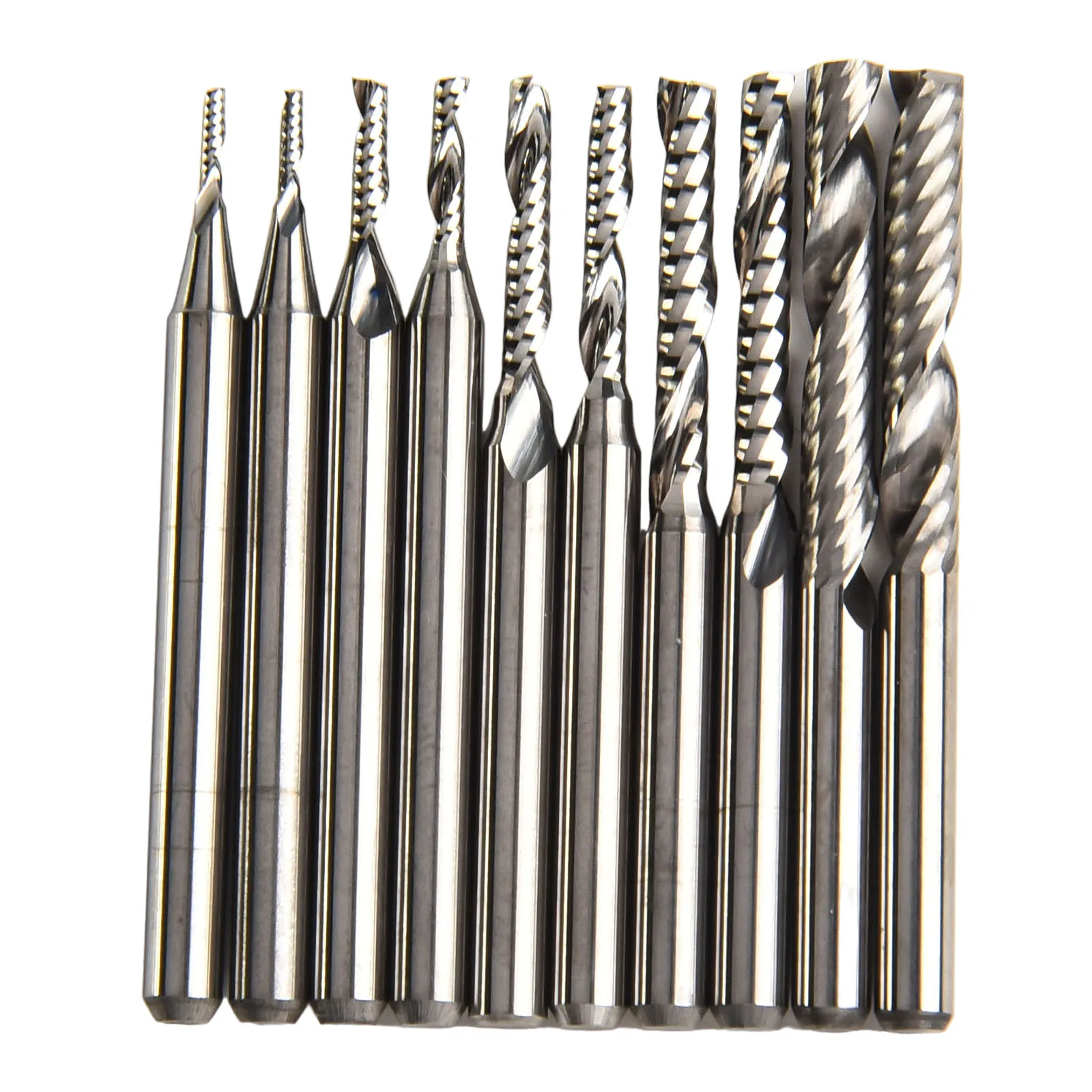 

10pcs Carbide End Mill Set with O Flute Upcut Design and 1/8 Shank Diameter for CNC Router and Milling Machines