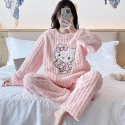 Sanrioed Cartoon Hello Kitty 2Pcs Plush Pajamas Set Women Anime Coral Velvet Homewear Kawaii Spring Homewear Thicken Girls Cute